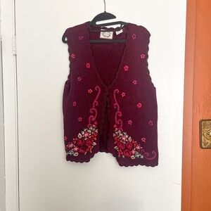 Vintage Erika Burgundy Knit Vest with Floral Embroidery